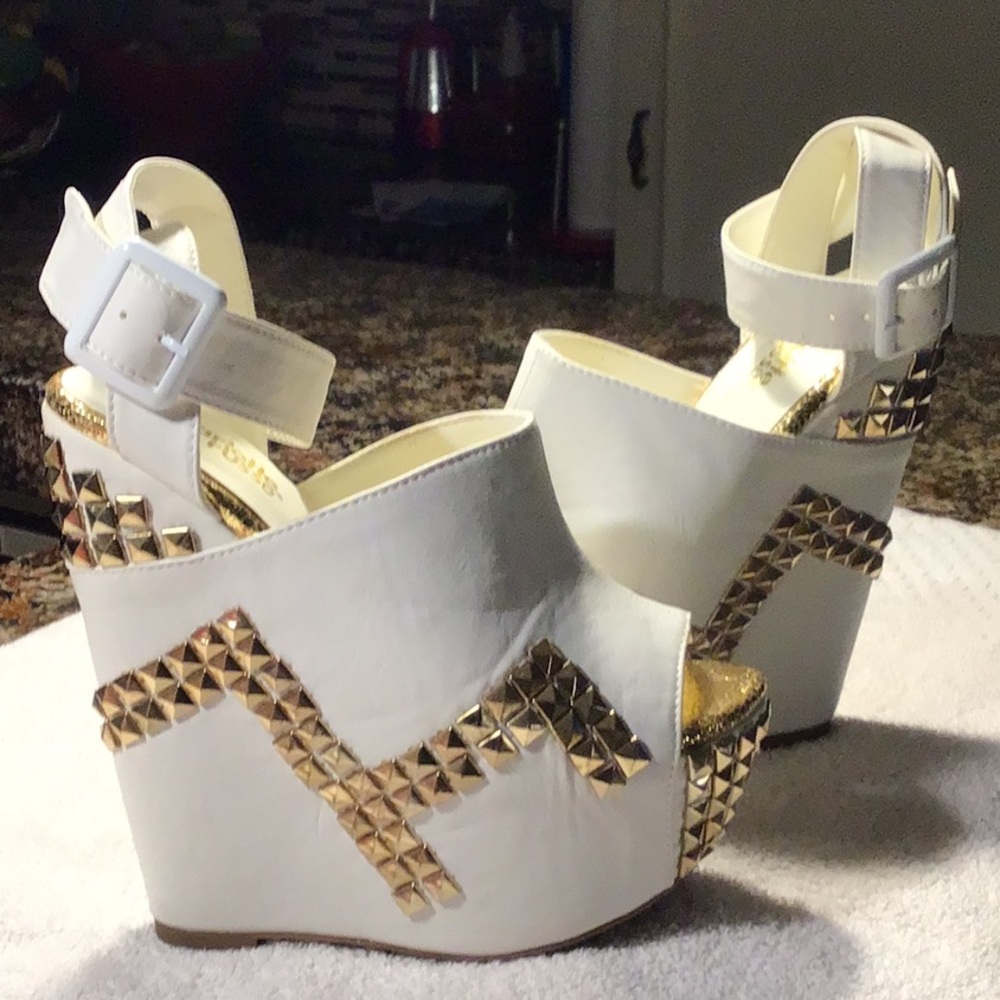 Charlotte Russe Platform Sandals White and Gold Studded Wedge